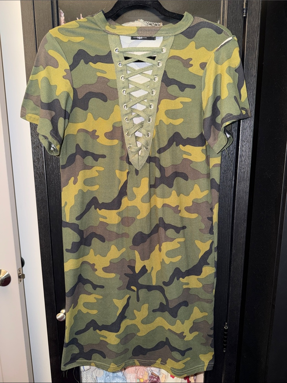 Lace-Up Camo Short Sleeve T-Shirt Dress